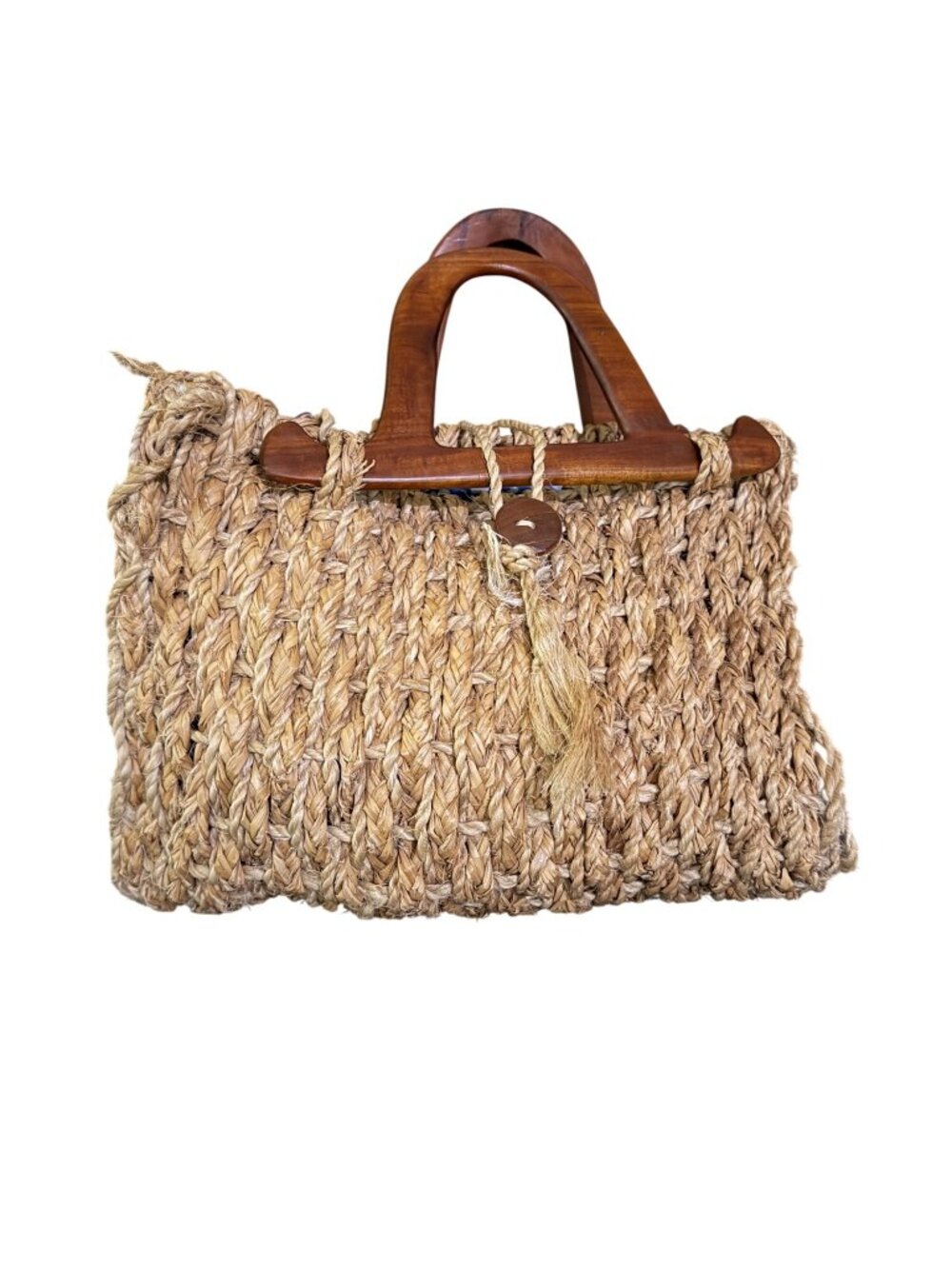 Vintage Woven Straw Handbag With Wooden Handles & Button Loop Closure - Picture 1 of 8